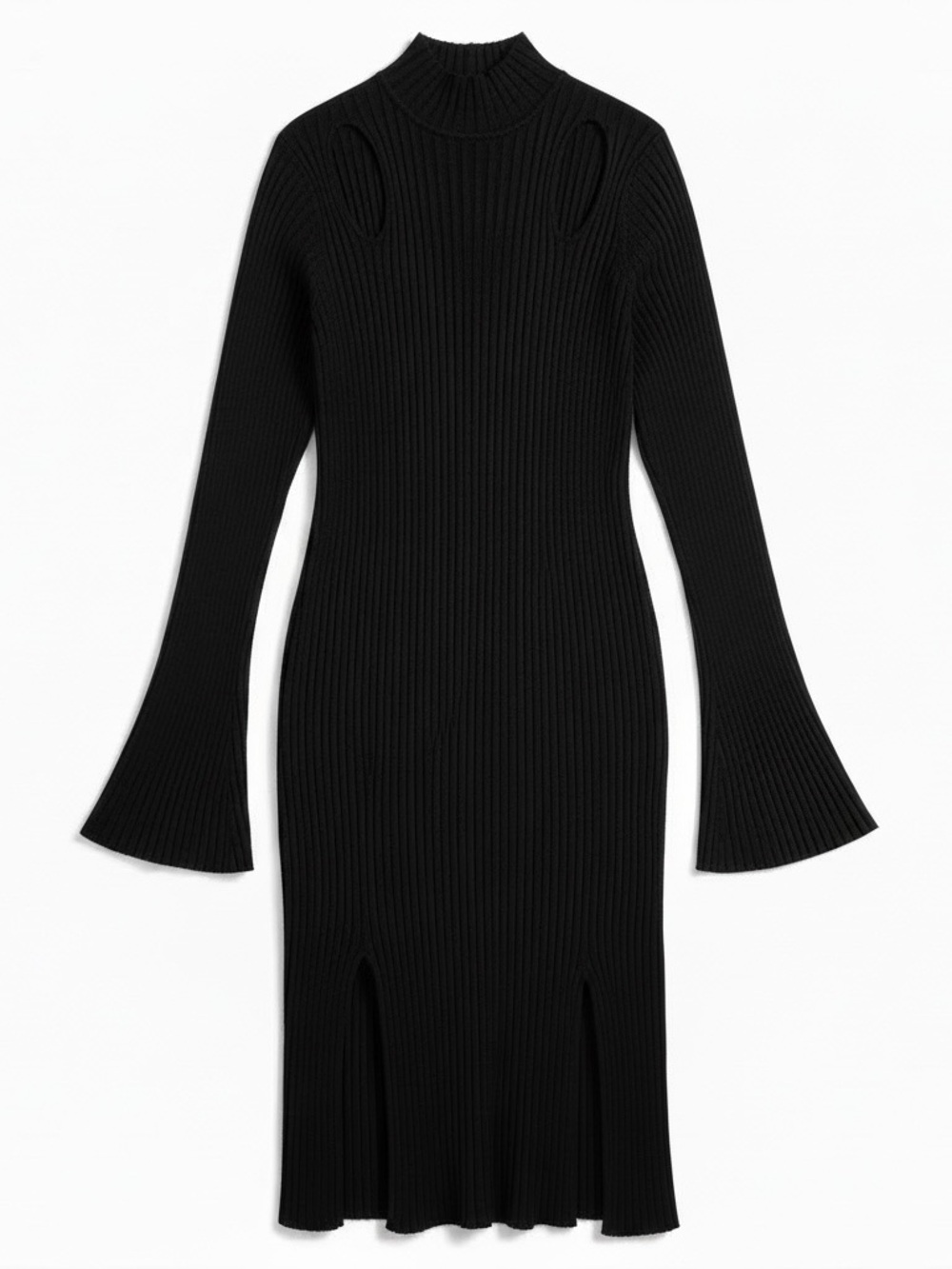 Max Azria Palila Black Ribbed Knit Midi Dress with Flared Bell Sleeves